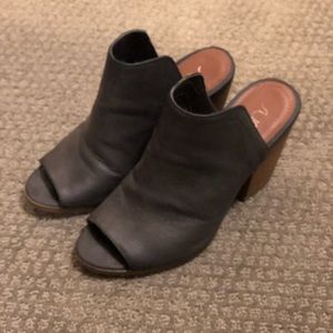 Dark gray peep toe mules